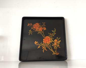 Vintage Japanese Black Lacquer Tray: Hand Painted Floral Motifs