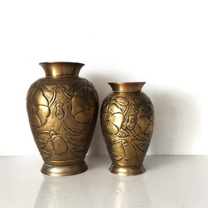 Vintage Indian Engraved Brass Vases, Set of two Brass Vases with Floral Engravings