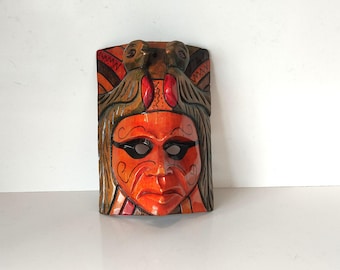 Masque de guerrier aztèque en bois sculpté à la main - Art traditionnel mexicain - Décoration murale
