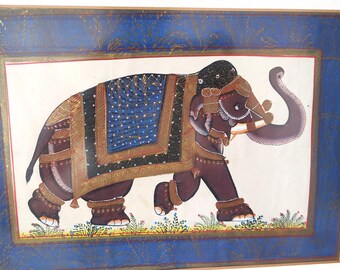 ○希少インド細密画 手描き 絵画 象と王族 （マハラジャ） ○希少