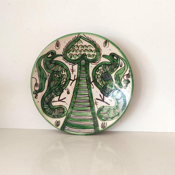 Vintage Spanish Ceramic Plate, Abstract Design, Mudéjar Pottery Plate, Birds & Tree of Life motifs