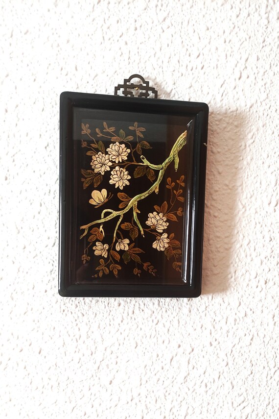 Small vintage Chinese painting, blooming tree and a butterfly, in black, gold, white
