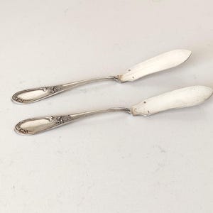 May include: Two silver butter knives with ornate handles and wide, rounded blades. The knives are positioned diagonally on a white surface. The handles have a floral design.