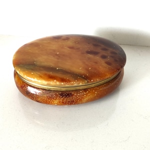 Vintage Italian Alabaster Trinket Box | Mid-Century Oval Stone Box with Brass Trim | 1950s Handmade Marbleized Keepsake