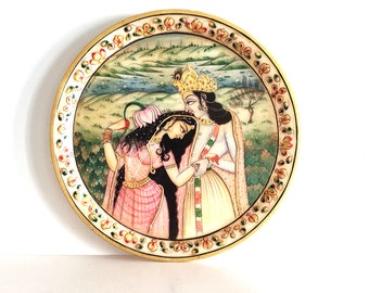 Vintage Hand Painted Marble Plate: Krishna and Wife Indian Art