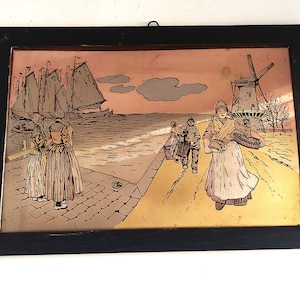Antique Dutch Etching on Copper, Antique Dutch Copper Lithograph, Dutch Wall Hanging, Dutch Seaport Landscape