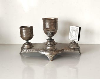 Antique Silver-Plated Brass Inkstand – Late 19th Century German Desk Set