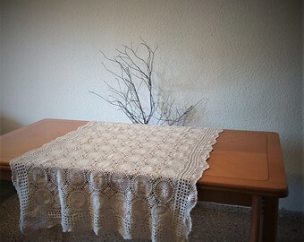 Vintage Hand Crochet Tablecloth: Ecru Cotton Floral Doily (39.3 x 63 inches)