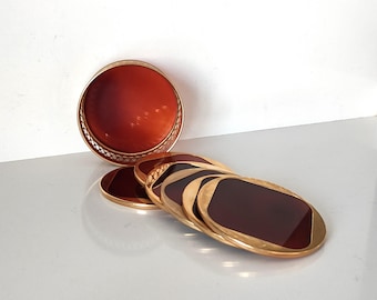 Stylish Vintage Lucite & Brass Glass Coasters, Faux Tortoise and Brass Coasters, Mid-Century Barware