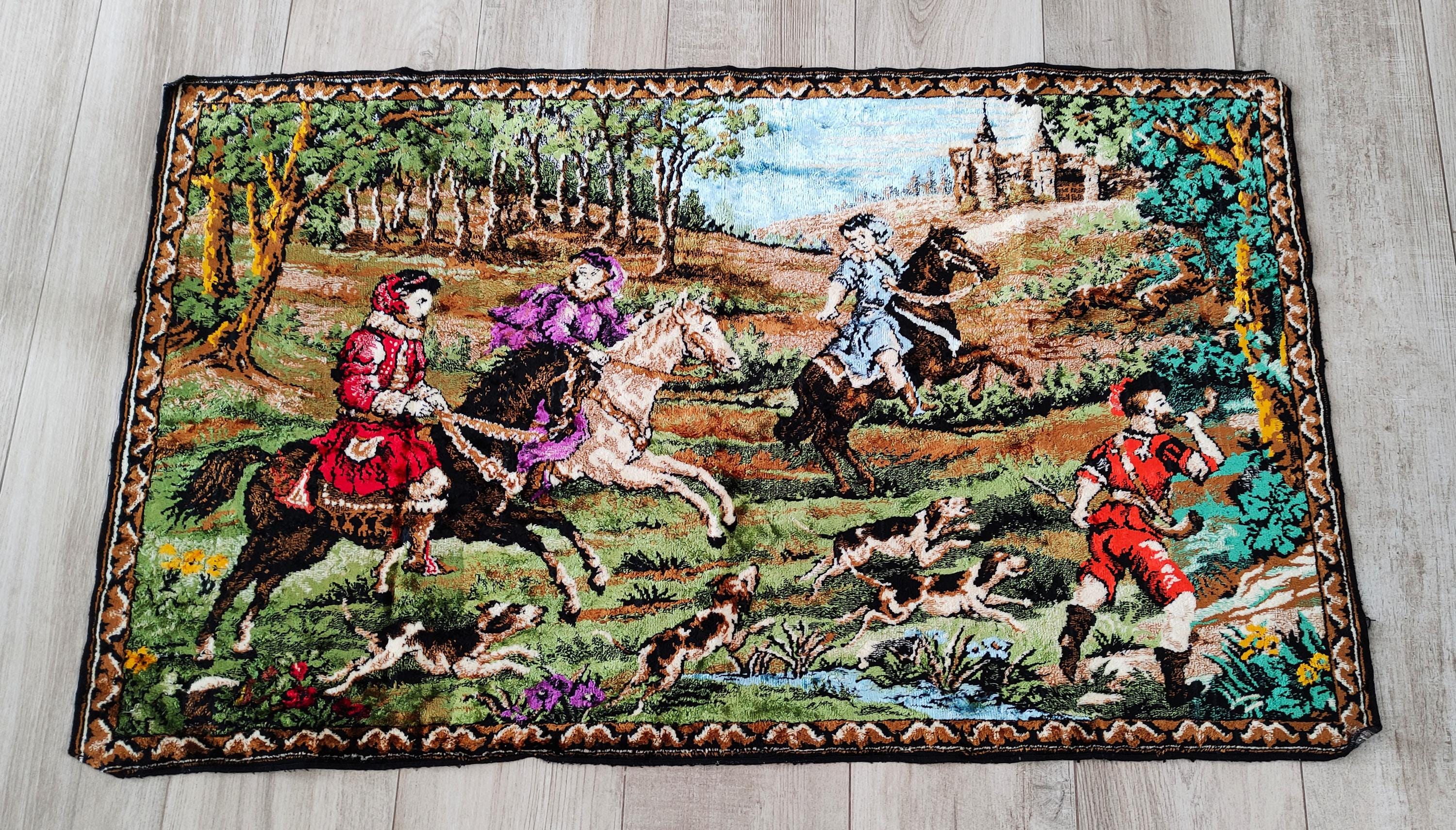 Tapisserie vintage chasse au cheval équestre (voir description