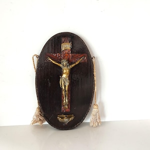 Vintage Italian Wood and Brass Wall Crucifix, Antique Folk Baroque Style Carved Wood Crucifix