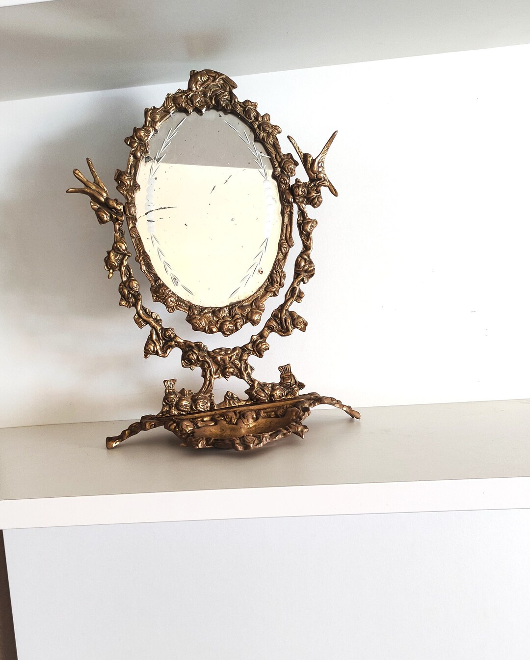 Antique French Bronze Vanity Mirror, Vintage Gilded Bronze Mirror