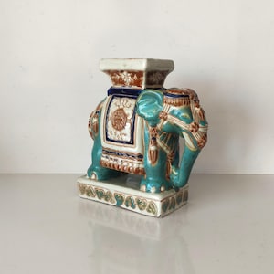 Vintage Ceramic Elephant Pedestal, Glazed Ceramic Plant Pedestal, Vintage Asian Decor, Hand-Glazed Turquoise & Ivory Stool