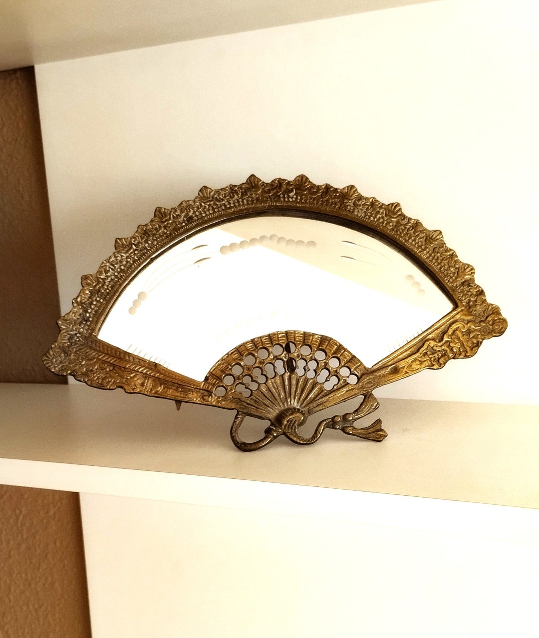 Antique French Ornate Bronze Mirror, Antique Tabletop Mirror, Fan