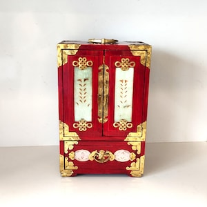 Vintage Large Chinese Jewelry Box, Chinoiserie Drawer Box, Red Lacquer and Jade Jewelry Drawer Box