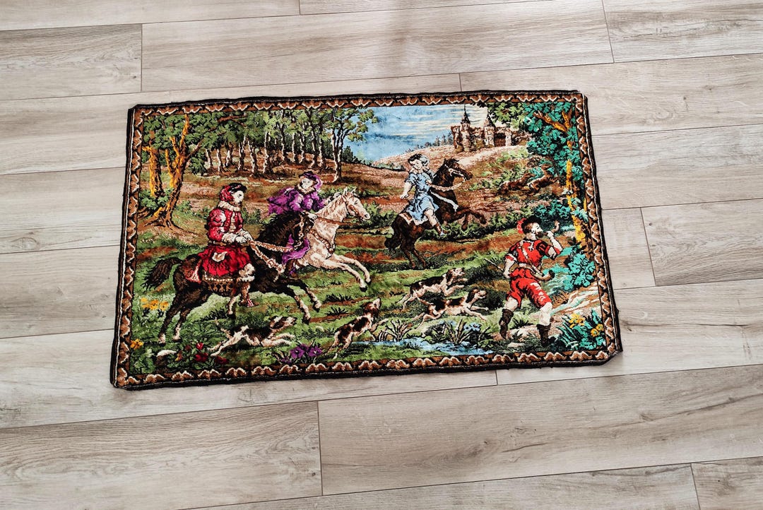 Vintage Velour Wall Rug – Medieval Hunting Scene | Retro Plush Tapestry ...