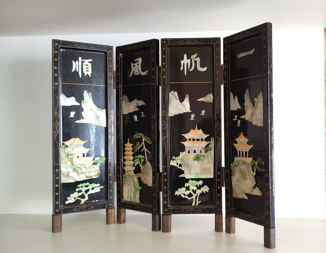 Japanese Table Screen Vintage Black Laquer and Mother of Etsy