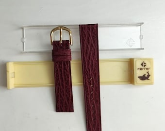 Burgundy Leather Watch Strap: 17mm Shark Pattern, Gold Hardware