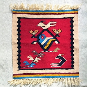 Hand Woven Wool Kilim Rug: Small Traditional Wall Hanging (17x16 inches)