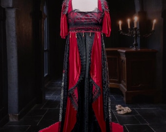 Custom Made Gothic Vampire Regency Dress – Red Velvet & Black Lace – Unique Customizable Dress – Medieval / Cosplay Costume