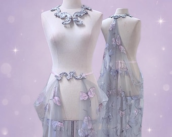 Dragonfly fairy cape in gray tulle embroidered with pink and mauve baroque costume magic accessory ceremonial cape