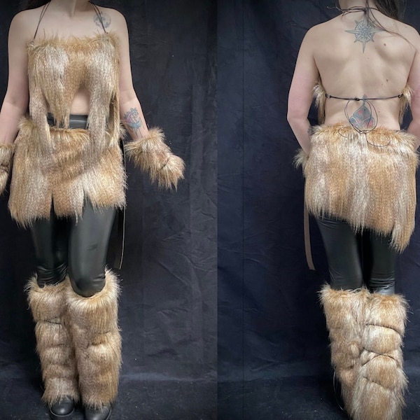 Warrior set top, skirt, leg warmer and mittens viking barbarian faux fur imitation wolf long hair brown beige