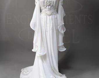 White modular fairy dress – Elven fantasy wedding ensemble, strapless skirt with sheer sleeves, customizable magical boho outfit