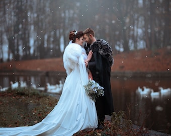 Bridal cape veil and fur viking fantasy