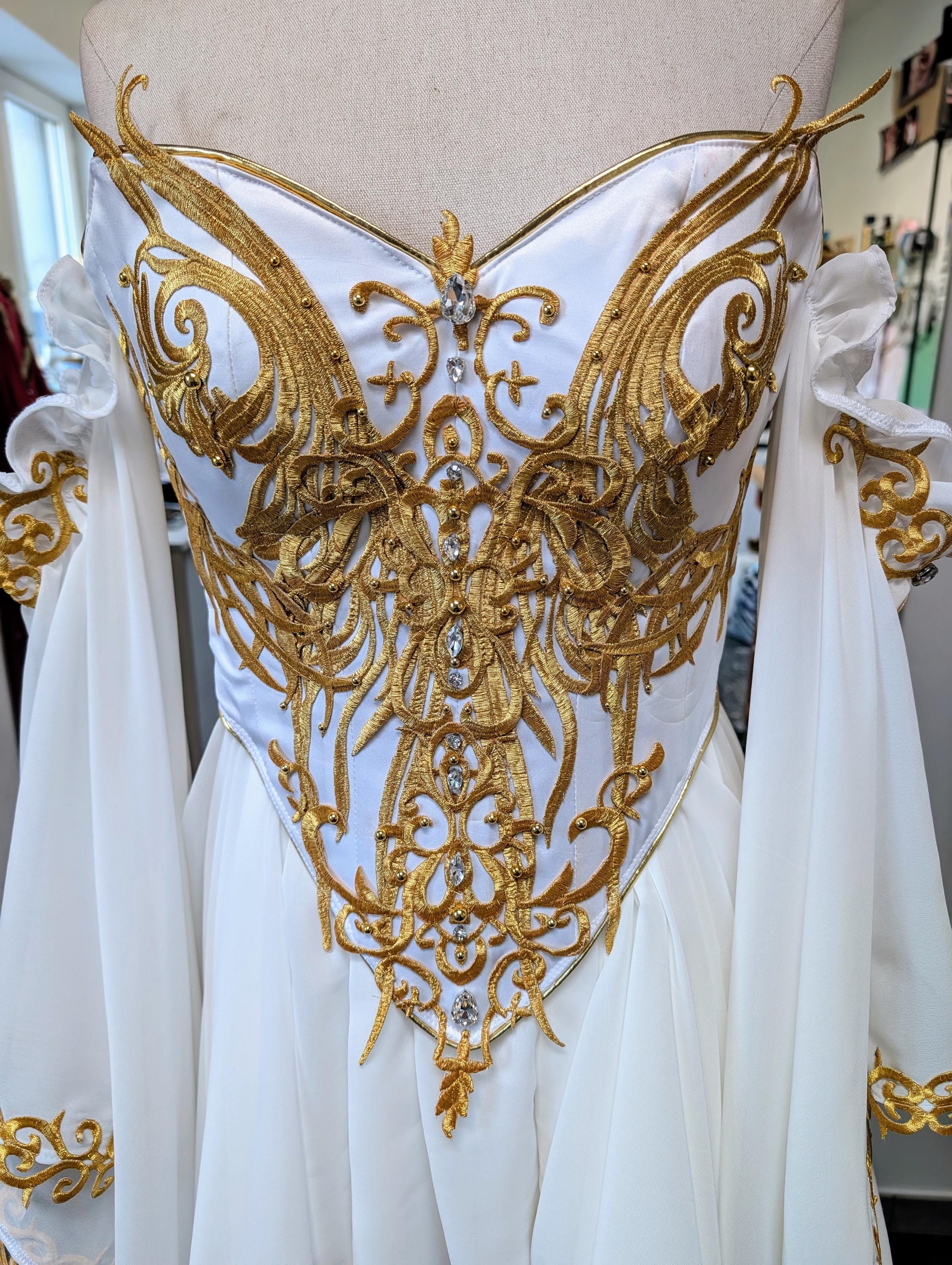 white and gold fantasy dress Custom-made fantasy dress, White and gold embroidered elven wedding