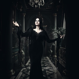 Morticia Addams long dress, gothic mermaid inspiration