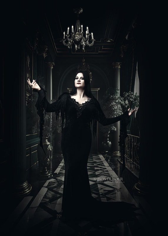 morticia addams lace dress Morticia Addams Inspired Beaded Black Gothic Wedding Dress, Fishtail Train