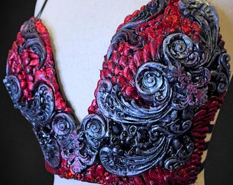 Blood red silicone gothic bra – old silver arabesques, vampire demon costume, dark fantasy cosplay, handmade fantasy top