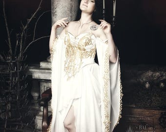 Custom-made fantasy dress, white and gold embroidered elven wedding