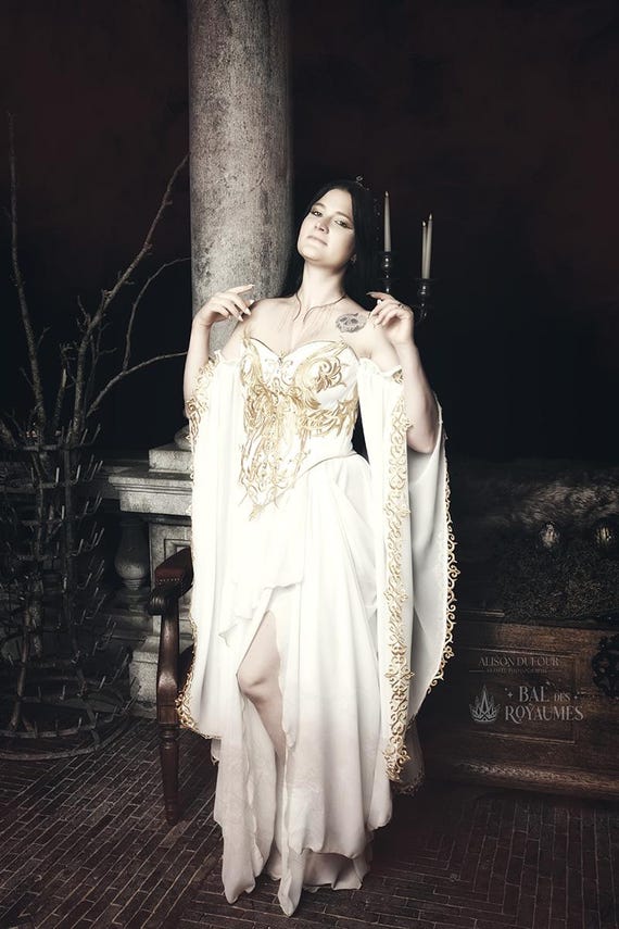 Custom-Made Fantasy Dress, White and Gold Embroidered Elven Wedding