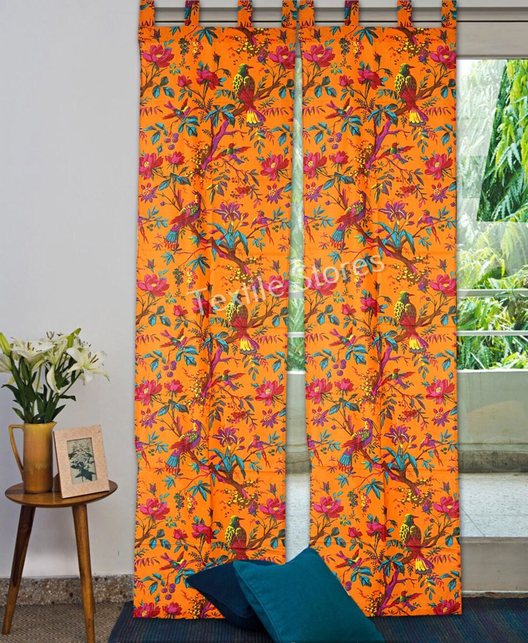 Floral Printed Cotton Curtain Set Tab Top Curtains Door Etsy