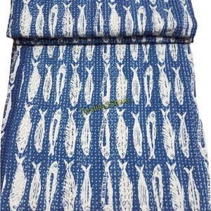 Indian Indigo Blue Fish Print Hand Block Design Cotton Kantha Throw Blanket Bedspread Throw Quilt Twin/Queen/King Inch