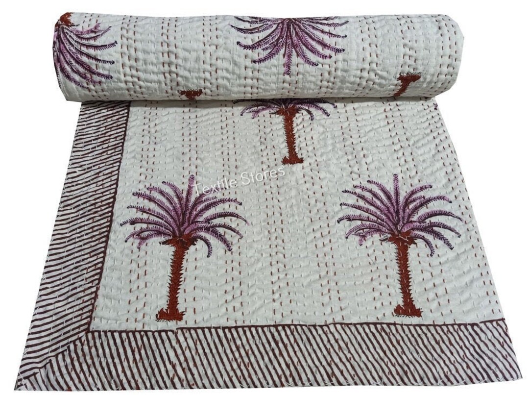 Indian Kantha Quilt Palm Tree Kantha Quilt Hand Block Palm Tree Kantha