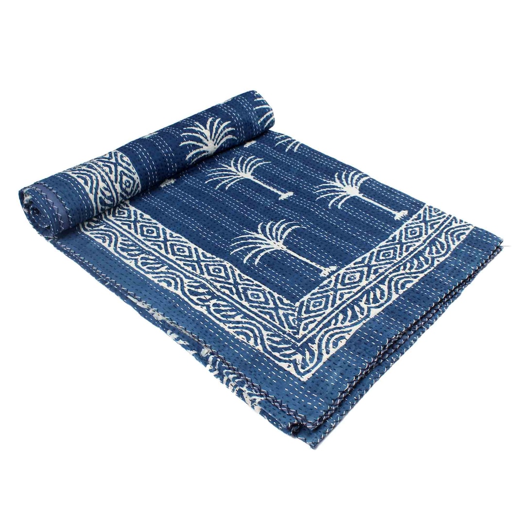Indian Kantha Quilt Palm Tree Kantha Quilt Indigo Palm Tree Etsy