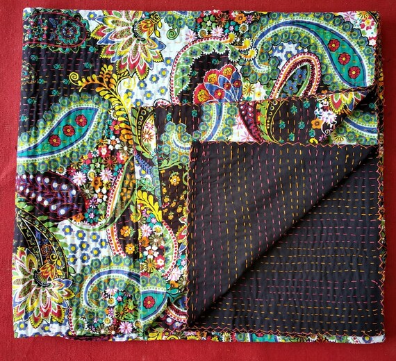 Indian Paisley Print Kantha Quilt Handmade Kantha Bedcover Throw