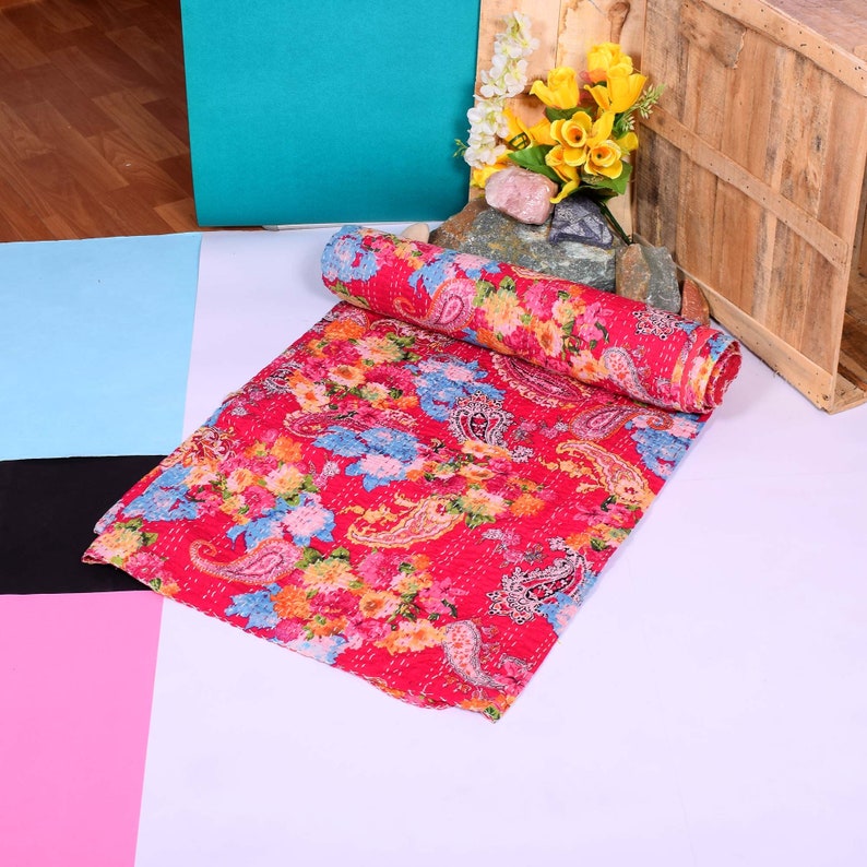 Indian Vintage Kantha Quilt Handmade Multi Color Lahriya Cotton Bedspread Bedding Blanket King 108x108