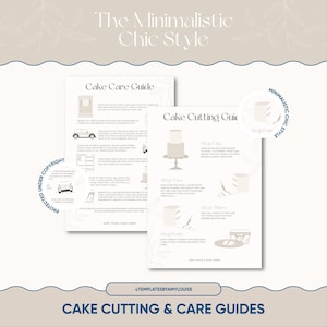 May include: Two printable guides for cake cutting and care, featuring a minimalist chic style. The guides include illustrations and instructions for cutting and storing a cake.