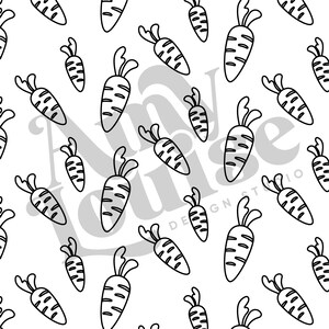 Peut inclure: Un motif répétitif de carottes dessinées au trait noir sur fond blanc. Les carottes, de tailles variables, sont disposées dans différentes orientations, créant un design vivant et fantaisiste.