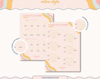 Pode incluir: Dois menus de sabores de bolo imprimíveis com um estilo retro moderno. Os menus apresentam um fundo rosa com linhas onduladas coloridas e uma borda branca. O texto "Menu de sabores de bolo" está em negrito, em uma fonte retro. Os menus são projetados para serem usados em recepções de casamento, festas de aniversário ou outros eventos especiais.