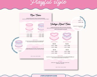 Pode incluir: Modelo de menu de preços de bolo imprimível rosa e azul com o texto "The Cute Playful Style" e "Lambeth Cake Pricing Menus". O menu inclui preços para bolos pequenos, bolos de coração vintage e opções extras.