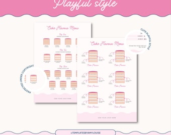 Pode incluir: Dois menus de sabores de bolo imprimíveis em um estilo fofo e brincalhão. Os menus apresentam um esquema de cores rosa e branco com ilustrações de camadas de bolo. O texto nos menus diz "Menu de sabores de bolo" e "Adicione seu logotipo aqui".
