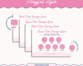 Op de afbeelding: Een set roze en witte cake serving guides met de tekst "Sheet Cake Servings Guide", "Square Cake Servings Guide", "Heart Cake Servings Guide" en "Round Cake Servings Guide". De gidsen bevatten diagrammen en de tekst "Cake Servings Guides".