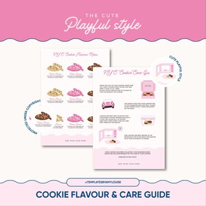 Può includere: Una guida stampabile rosa e bianca per i sapori dei biscotti di New York e le istruzioni per la cura. La guida include un menu di sapori di biscotti, una guida alla cura con istruzioni su come conservare e servire i biscotti, e una simpatica illustrazione di un'auto e di un forno. Il testo sulla guida dice "NYC Cookie Flavor Menu", "NYC Cookie Care Guide", "Add Your Logo Here", "Protected Under Copyright", "Cute Playful Style", e "TemplatesByAmyLouise".