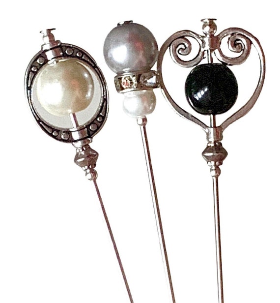 Long Hatpins vintage style Pearl & Silver Black Onyx gemstone wedding hat  pins, Brooch for wedding hats, lapel pins, Hat pins for women