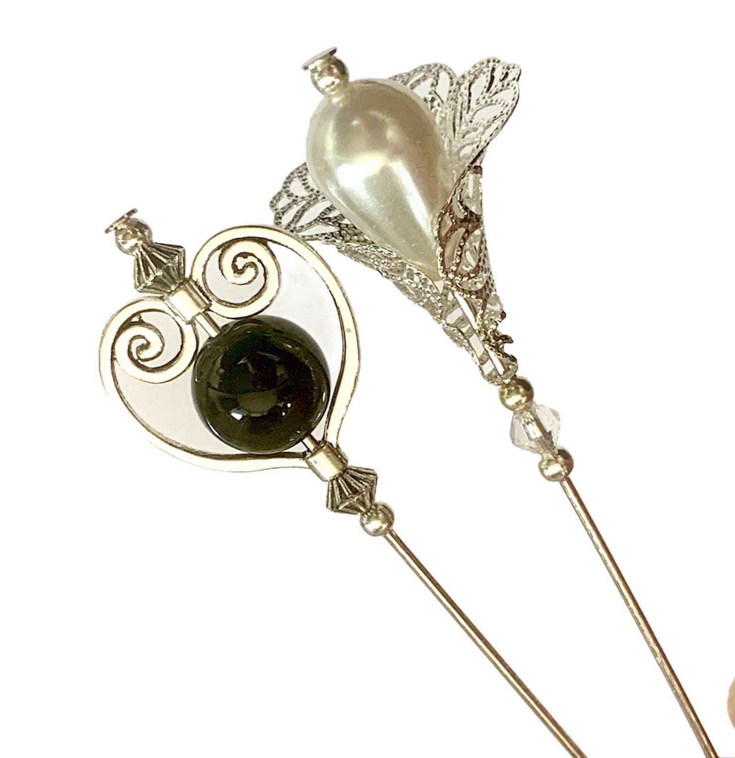 3x Beautiful Hat pins, Glass Pearls, & Silver, long hat pins, Brooch pins,  hatpin/ Hat pins wedding veil Pins, summer hats for women