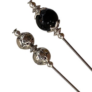 Black hair fascinator pins , Hat pins, 2x Hatpins long Silver Hatpin, Black onyx Gemstone hat pin with pin protector